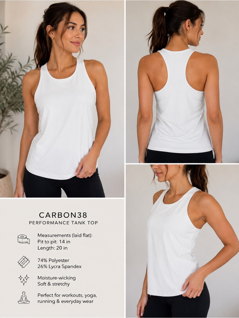 Carbon38 White Racerback Performance Tank Top Size S Athletic Yoga Gym